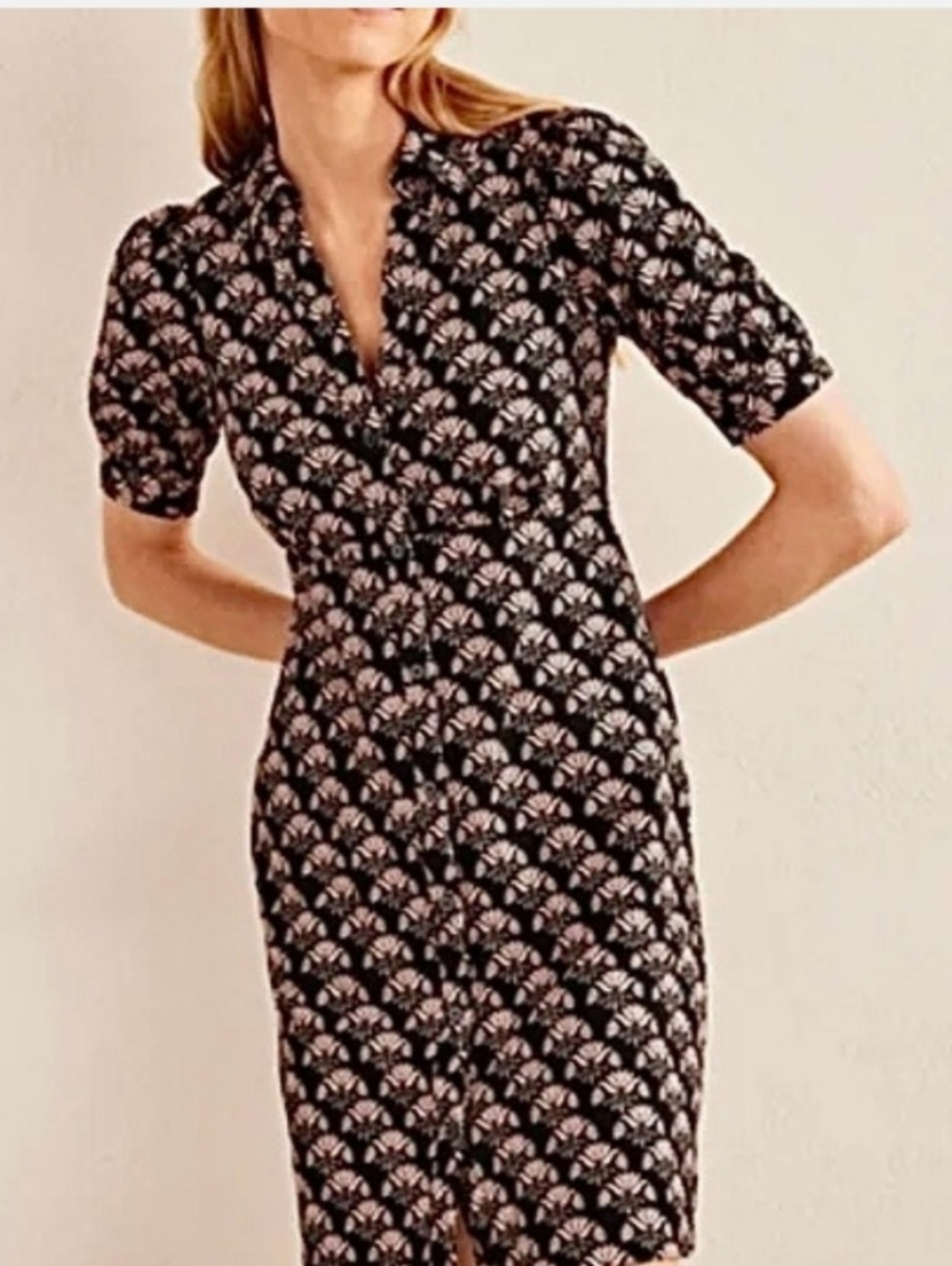 Womens Size 14 Boden Jersey Mini Tea Dress Buttons Pockets Black & Beige Pattern